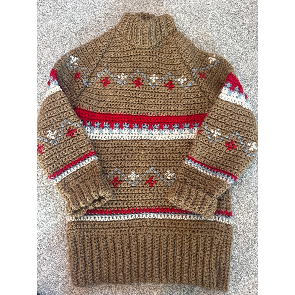 Handmade Chunky Crochet Sweater Fair Isle Nordic Brown Red Mock Neck Cabincore
